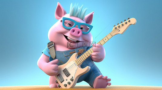 俏皮的 3D 卡通艺术品将猪描绘成摇滚明星