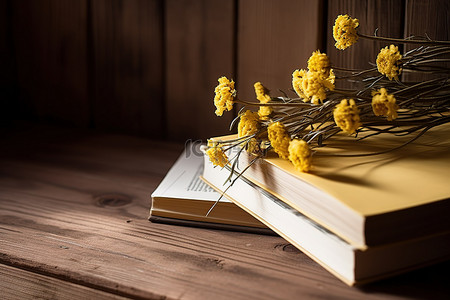 信件背景图片_木架上的书籍和黄花，上面有手写的信件