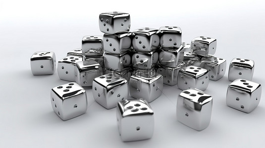 掷骰子是一种赌场游戏概念，其特点是在 3D 渲染的白色背景上的不同位置上有闪亮的银色立方体