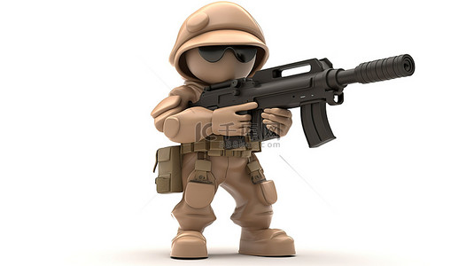 漫画插画背景图片_孤立的 3D 卡通士兵，配有突击枪和白色背景上的剪切路径