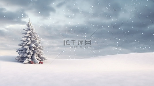 松树和雪圣诞场景的 3D 渲染