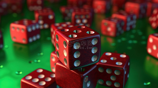 塑料骰子背景图片_用红色骰子关闭绿色背景的 3D 渲染