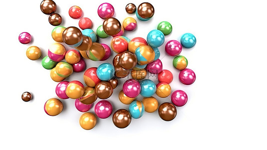 充满活力的糖果层叠在坚实的背景下，近距离观察 3D 插图中的彩色巧克力按钮
