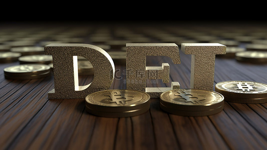 中心银行背景图片_可视化去中心化概念 3D 渲染文本“defi”，背景上带有象征区块链的硬币