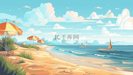 夏日蓝色背景背景图片_旅游卡通海边插画