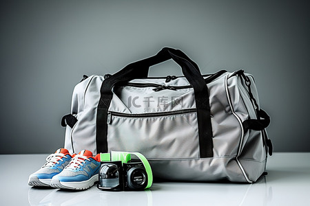一个灰色的健身包，旁边放着跑鞋和一些装备