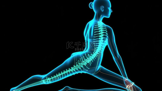 女性人物形象背景图片_具有突出脊柱的瑜伽姿势 3D 渲染女性医学人物