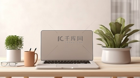 设计师桌面背景图片_带有笔记本电脑植物的白色表面办公桌的顶视图的 3D 渲染并将其发布