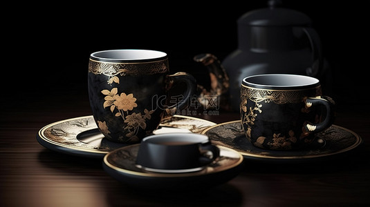 花卉图案咖啡杯和盘子套装，采用 3D 渲染的黑色 kopi 经典亚洲传统咖啡饮料