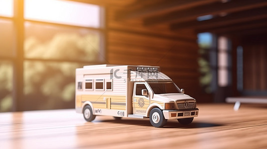 医疗紧急情况木桌上救护车的 3D 渲染
