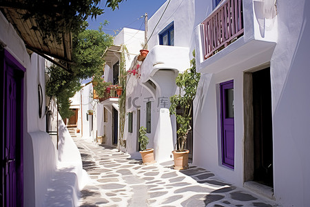 一条狭窄的小巷，有白色的建筑和紫色的门
