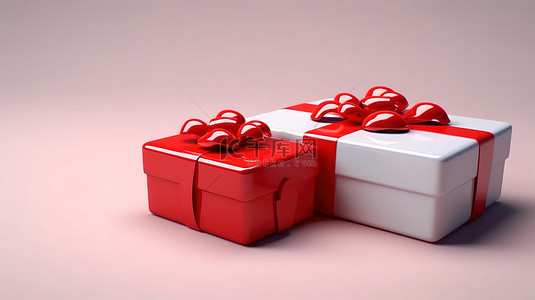 时尚的礼品盒，饰有通过 3D 渲染制作的充满活力的红丝带和蝴蝶结