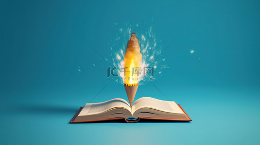 业务推动背景图片_蓝色背景 3D 渲染的创造性思维推动了从开放书籍发射的创新火箭