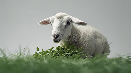 草原羊背景图片_eid adha 概念年轻的白羊在 3D 渲染的灰色田野上享受新鲜的绿草