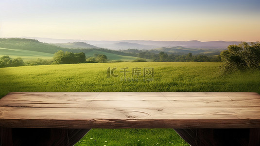 从俯瞰草地景观的 3d 质朴木桌上欣赏风景
