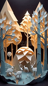 快乐折纸背景图片_森林树林麋鹿和谐折纸风格背景