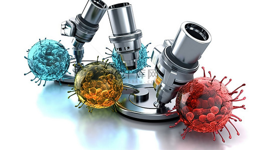 化学生物背景图片_尖端显微镜揭示现代实验室环境中的细菌和病毒白色背景 3D 渲染