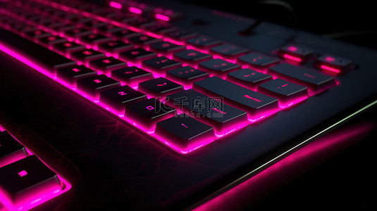 老式计算机背景图片_逼真的电脑键盘，带有霓虹粉红色光，特写 3D 插图