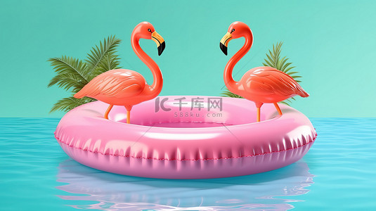 快乐暑假背景图片_粉红色背景上的时尚火烈鸟充气泳池环唤起热带度假氛围 3D 渲染