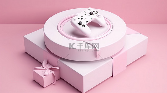 在 3D 渲染中的粉红色转盘上旋转的白色礼品盒