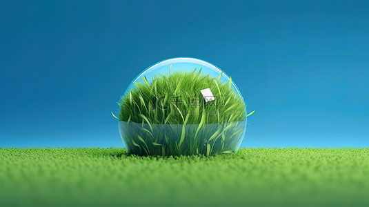 蓝色环保地球背景图片_蓝色背景上郁郁葱葱的绿草的简约地球地球仪以 3D 渲染的可持续性和环保主义概念