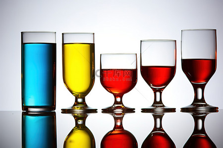 一组不同类型的酒和混合酒的玻璃杯