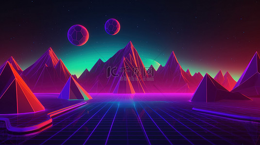 80 年代复古游戏景观中山脉和霓虹灯的 3D 渲染