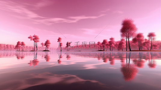 令人惊叹的 3D 渲染，湖上宁静的风景日出，粉红色的树木和草地的反射
