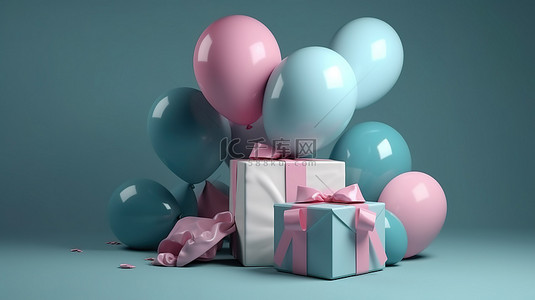 豪氣背景图片_逼真的气球背景和带蝴蝶结的礼品盒 3D 渲染插图