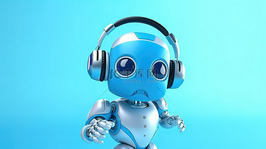 3D 渲染的 Android 机器人，带耳机和举手聊天机器人概念