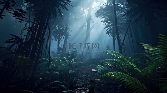 夜间迷雾丛林 浓雾中黑暗森林树木的 3D 插图