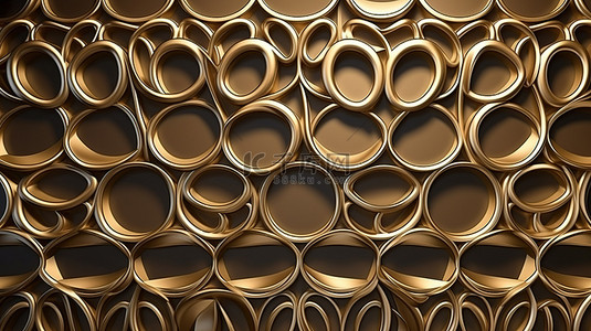 现代豪华 3D 渲染中的无缝金色圆环图案墙设计背景