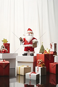 圣诞盒子背景图片_桌上的圣诞盒子，里面站着白人圣诞老人