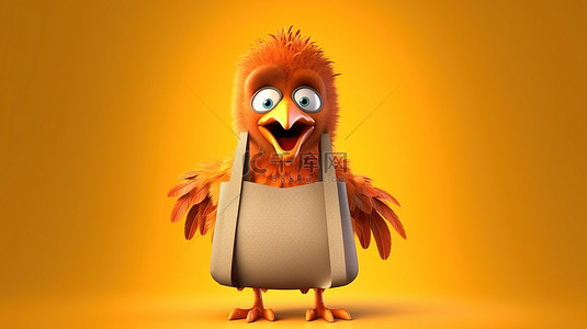 动物新年动物背景图片_搞笑购物鸡，带有手提袋的 3D 插图