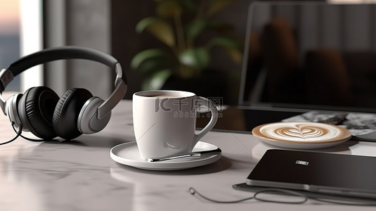 3D 渲染中的远程工作必需品笔记本电脑手机耳机和咖啡杯