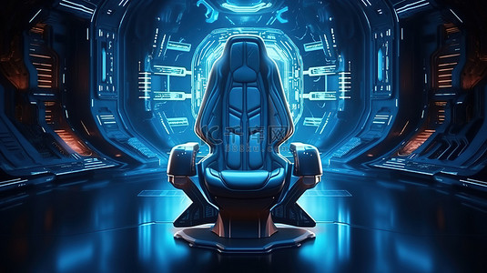 未来派太空飞船工作环境和椅子 3D 插图抽象背景