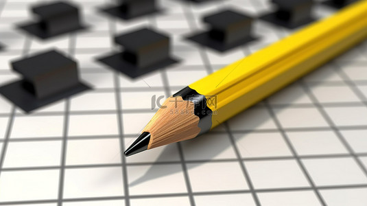 表格文档背景图片_黄色铅笔的 3D 渲染标记正确的选择并通过勾选纸上的复选框来完成成功的清单