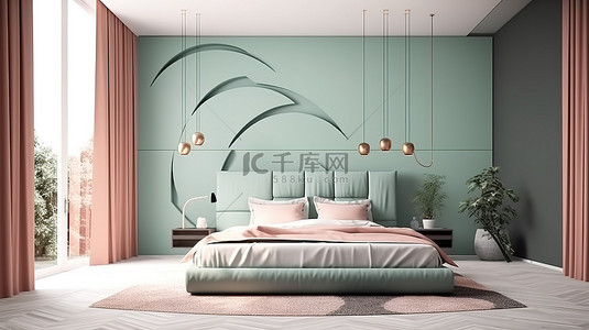 卧室的时尚简约 3D 渲染，配有双色瓷砖