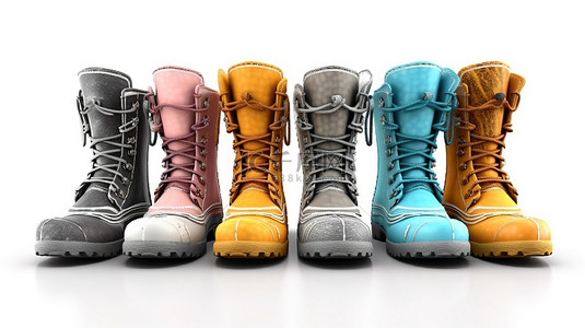 空白画布上展示的各种冬季靴子是理想的 3D 零售或广告创意