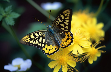 一只黄色的小蝴蝶在一朵黄色的花上
