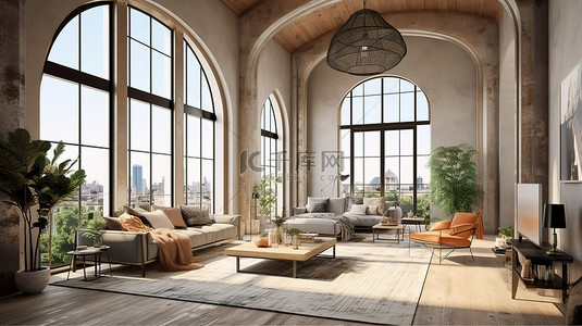 工业设计背景图片_阁楼公寓的 3D 渲染，配有拱形窗户和室内阳台，具有工业设计风格