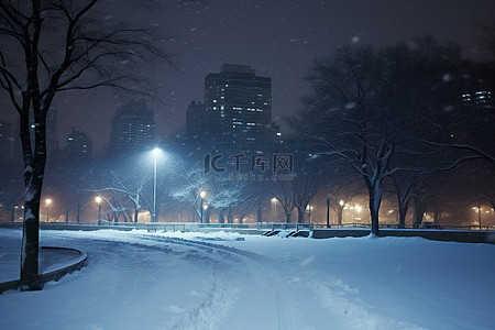 一场大雪落在公园和积雪覆盖的建筑物上