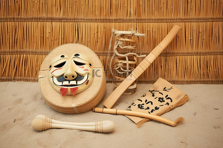 沙子里的杂耍面具和藤制乐器