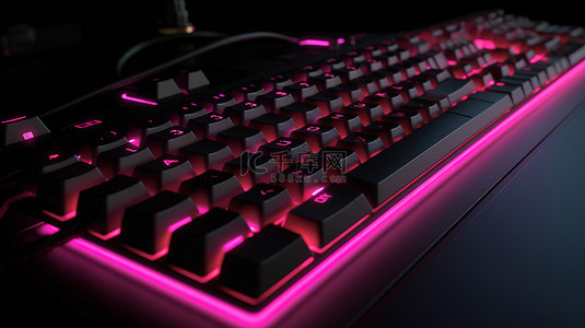 老式计算机背景图片_3D 插图中逼真的计算机或笔记本电脑键盘，在特写镜头中的黑色背景上带有充满活力的霓虹粉红色光