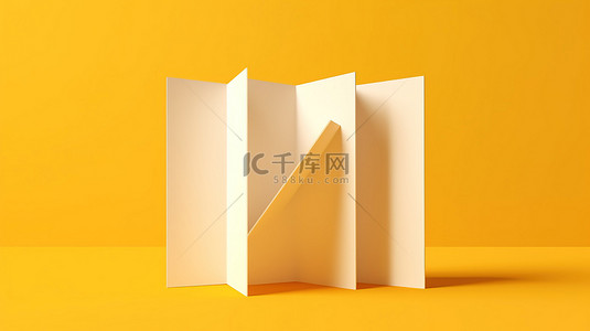黄色背景上带有微妙阴影的 a4 空白三折小册子样机的 3D 插图