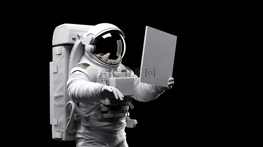 在 3D 渲染中，宇航员在黑色背景下拿着白色面板标语牌