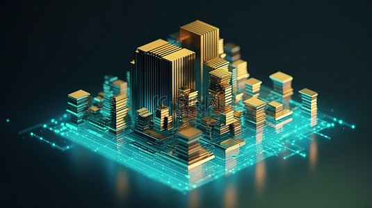 金融科技区块链背景图片_描述区块链技术和加密货币概念的 3D 等距插图