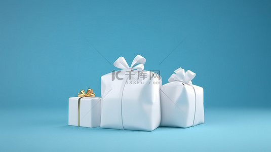 优雅的 3D 白色礼品盒，饰有金丝带蝴蝶结，并配有一个袋子，袋子上有一张 3D 渲染的蓝色背景上的优惠券