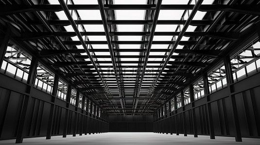 正在建设中的现代建筑的时尚 3D 设计，配有黑色横梁和天花板