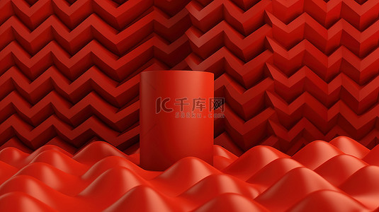 动态红色圆柱形锯齿形设计，带有三角形图案，非常适合演示和品牌抽象 3D 渲染
